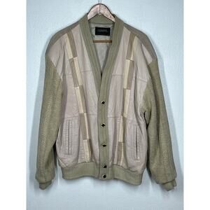 VTG SAXONY Leather Sweater Cardigan M Tan Color Block Dad Grandpa Aesthetic